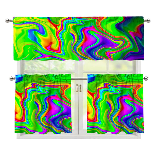 Green Abstract Liquid Trippy Print 3 Piece Kitchen Curtains