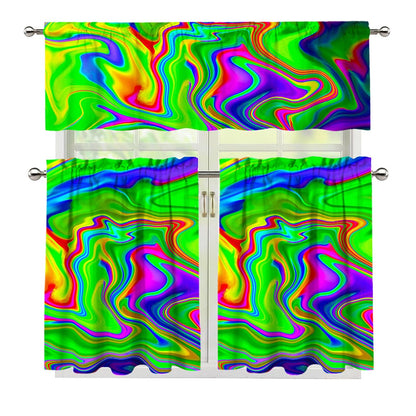 Green Abstract Liquid Trippy Print 3 Piece Kitchen Curtains