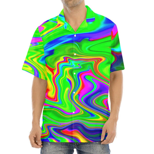 Green Abstract Liquid Trippy Print Aloha Shirt