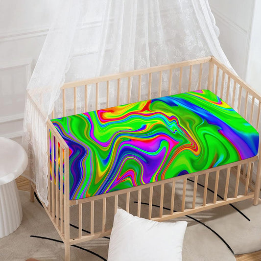 Green Abstract Liquid Trippy Print Baby Crib Sheet