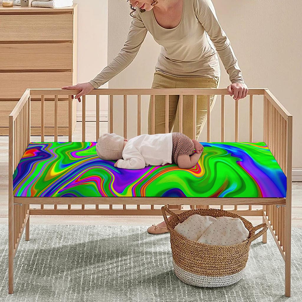 Green Abstract Liquid Trippy Print Baby Crib Sheet