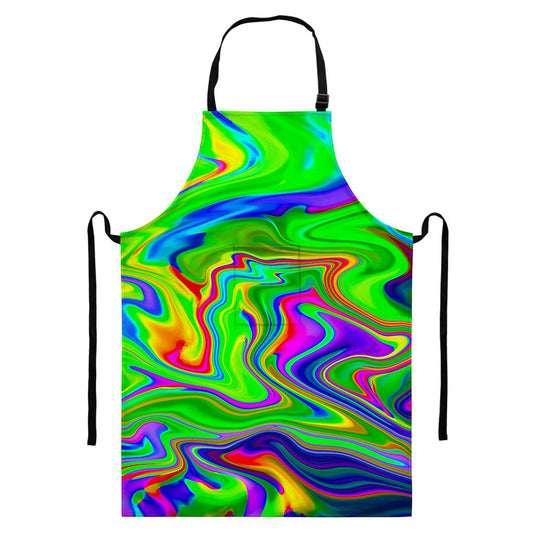 Green Abstract Liquid Trippy Print Bib Apron With Pocket