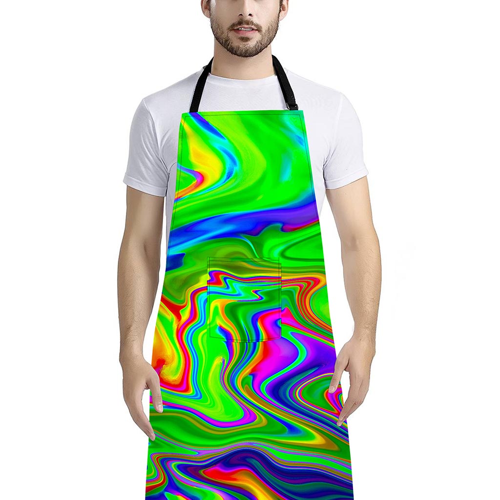 Green Abstract Liquid Trippy Print Bib Apron With Pocket