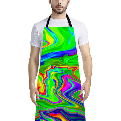 Green Abstract Liquid Trippy Print Bib Apron With Pocket