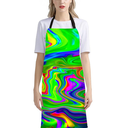 Green Abstract Liquid Trippy Print Bib Apron With Pocket