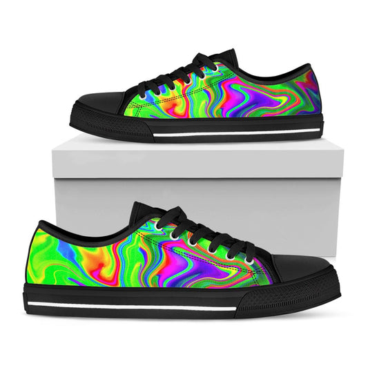 Green Abstract Liquid Trippy Print Black Low Top Sneakers