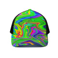 Green Abstract Liquid Trippy Print Black Mesh Trucker Hat