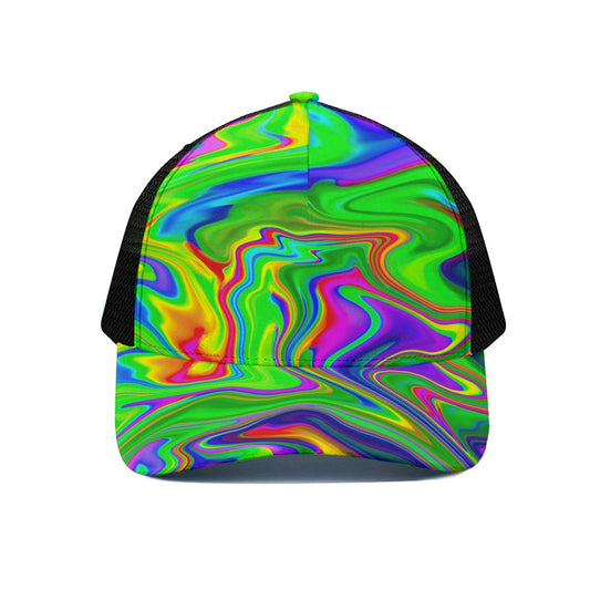 Green Abstract Liquid Trippy Print Black Mesh Trucker Cap