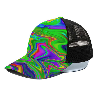 Green Abstract Liquid Trippy Print Black Mesh Trucker Cap