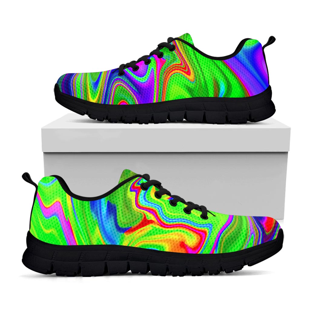 Green Abstract Liquid Trippy Print Black Running Shoes