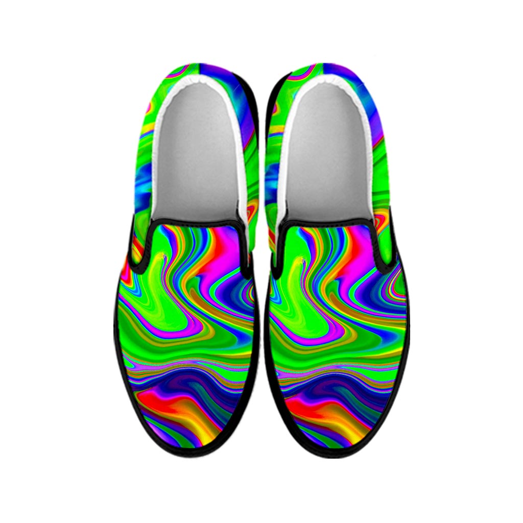 Green Abstract Liquid Trippy Print Black Slip On Sneakers