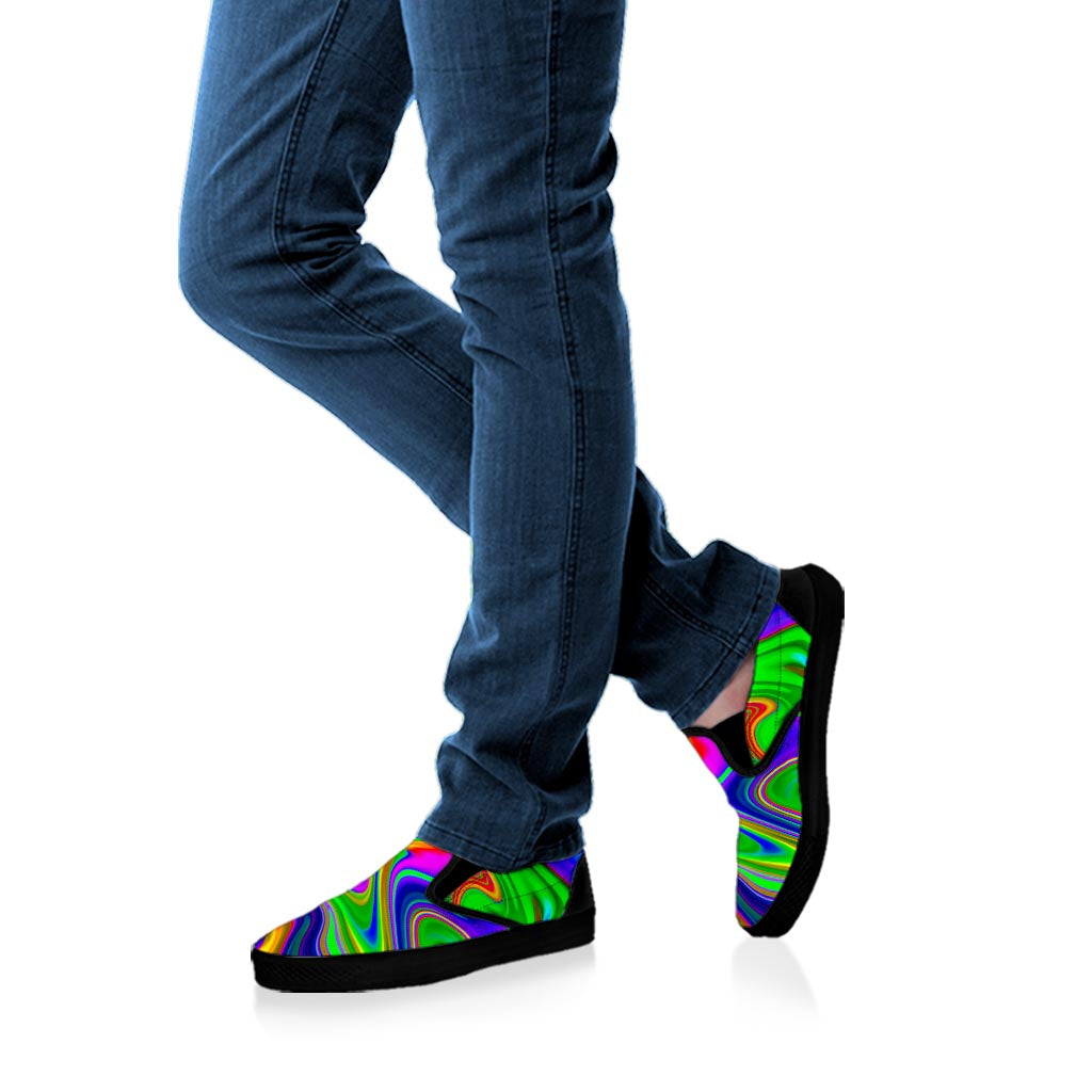 Green Abstract Liquid Trippy Print Black Slip On Sneakers