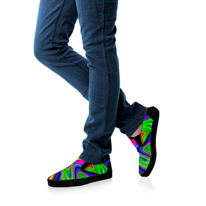 Green Abstract Liquid Trippy Print Black Slip On Sneakers