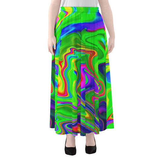 Green Abstract Liquid Trippy Print Chiffon Maxi Skirt