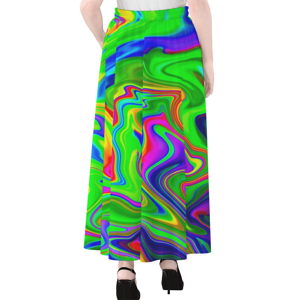 Green Abstract Liquid Trippy Print Chiffon Maxi Skirt