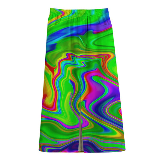 Green Abstract Liquid Trippy Print Cotton Front Slit Maxi Skirt