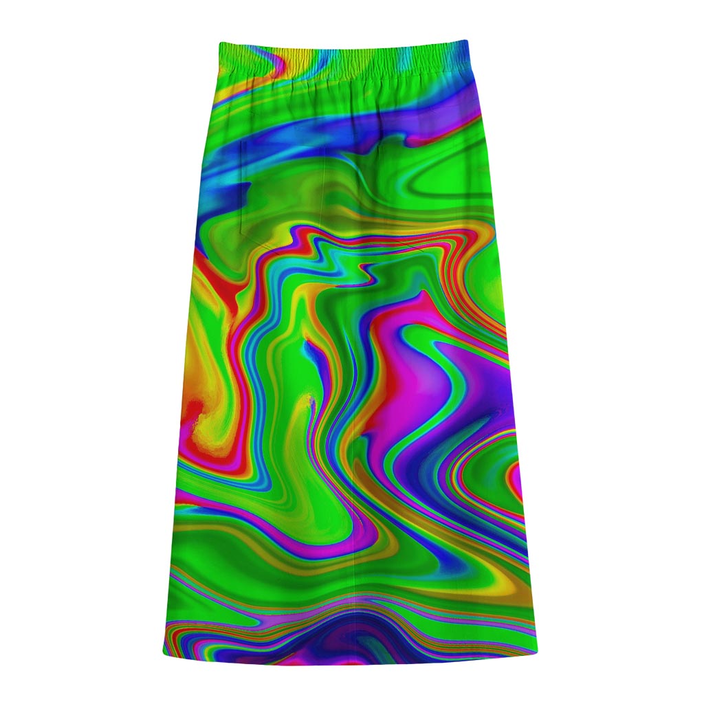 Green Abstract Liquid Trippy Print Cotton Front Slit Maxi Skirt