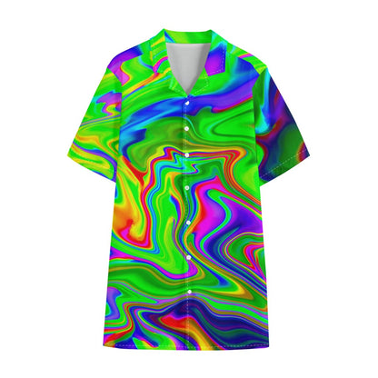 Green Abstract Liquid Trippy Print Cotton Hawaiian Shirt