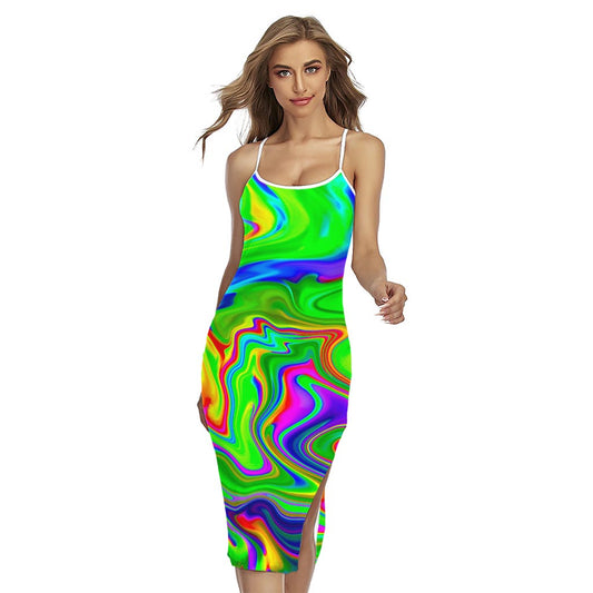 Green Abstract Liquid Trippy Print Cross Back Cami Dress