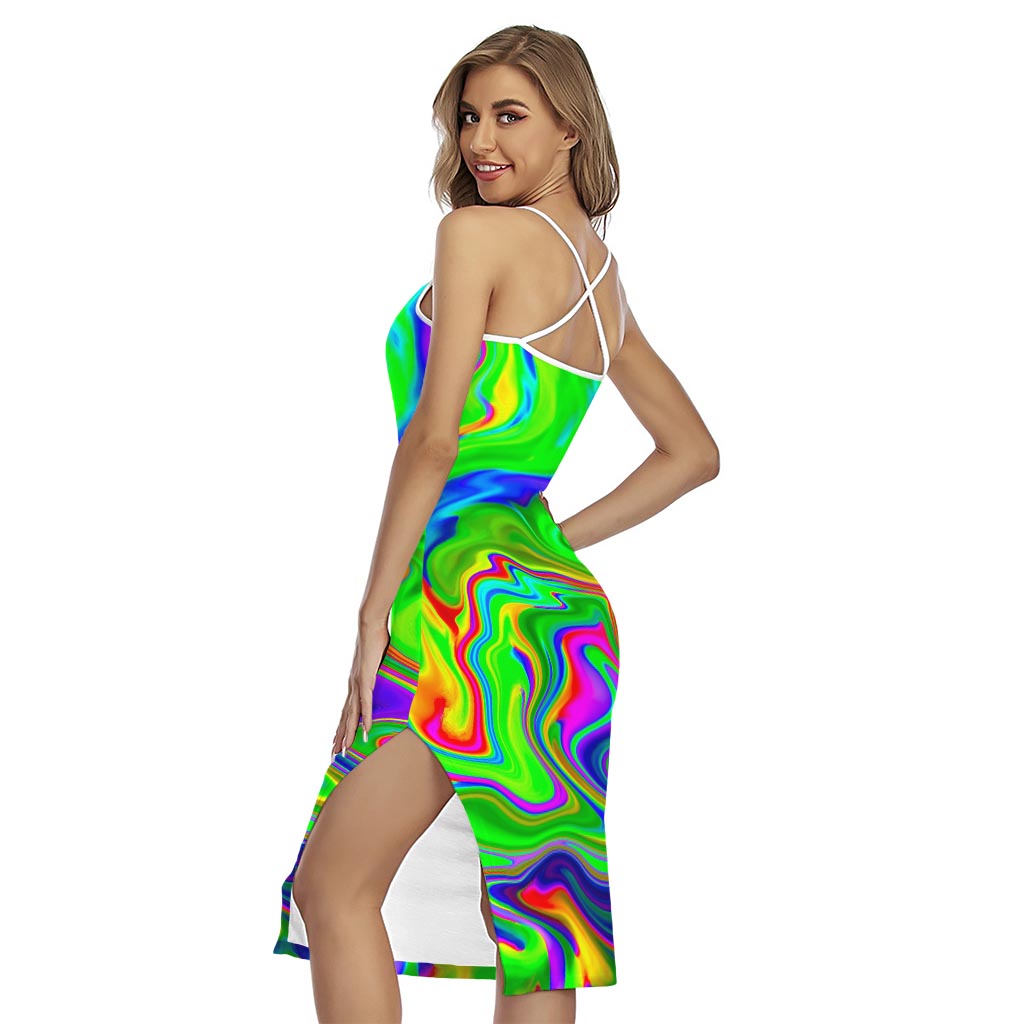 Green Abstract Liquid Trippy Print Cross Back Cami Dress