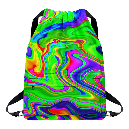 Green Abstract Liquid Trippy Print Drawstring Backpack