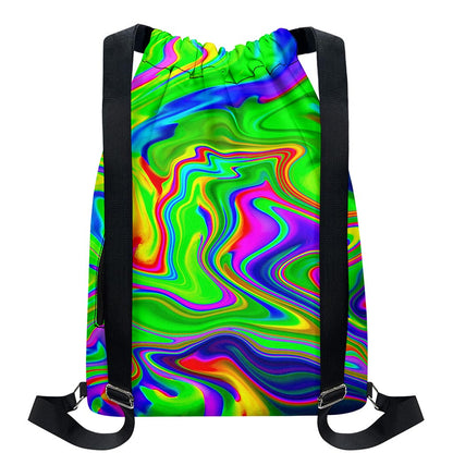 Green Abstract Liquid Trippy Print Drawstring Backpack
