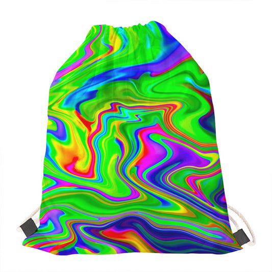 Green Abstract Liquid Trippy Print Drawstring Bag