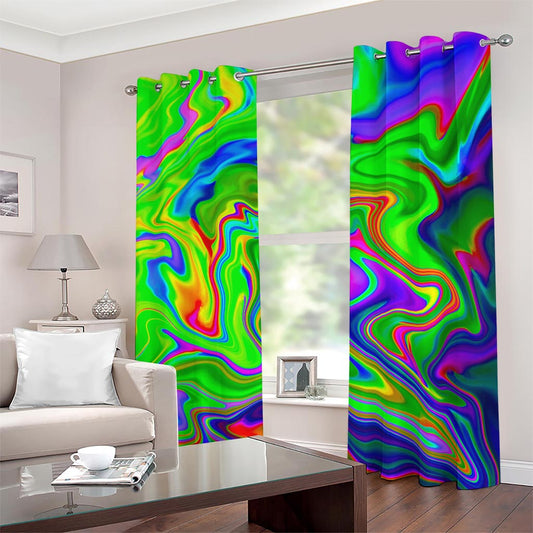 Green Abstract Liquid Trippy Print Extra Wide Grommet Curtains