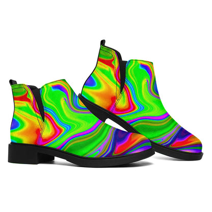 Green Abstract Liquid Trippy Print Flat Ankle Boots