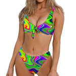 Green Abstract Liquid Trippy Print Front Bow Tie Bikini