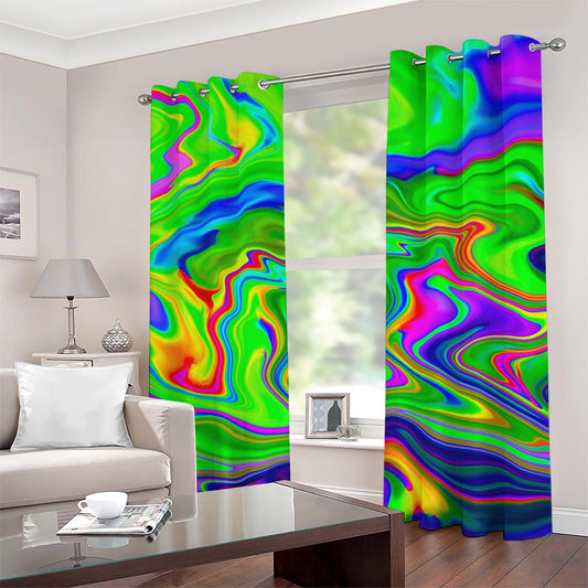 Green Abstract Liquid Trippy Print Grommet Curtains