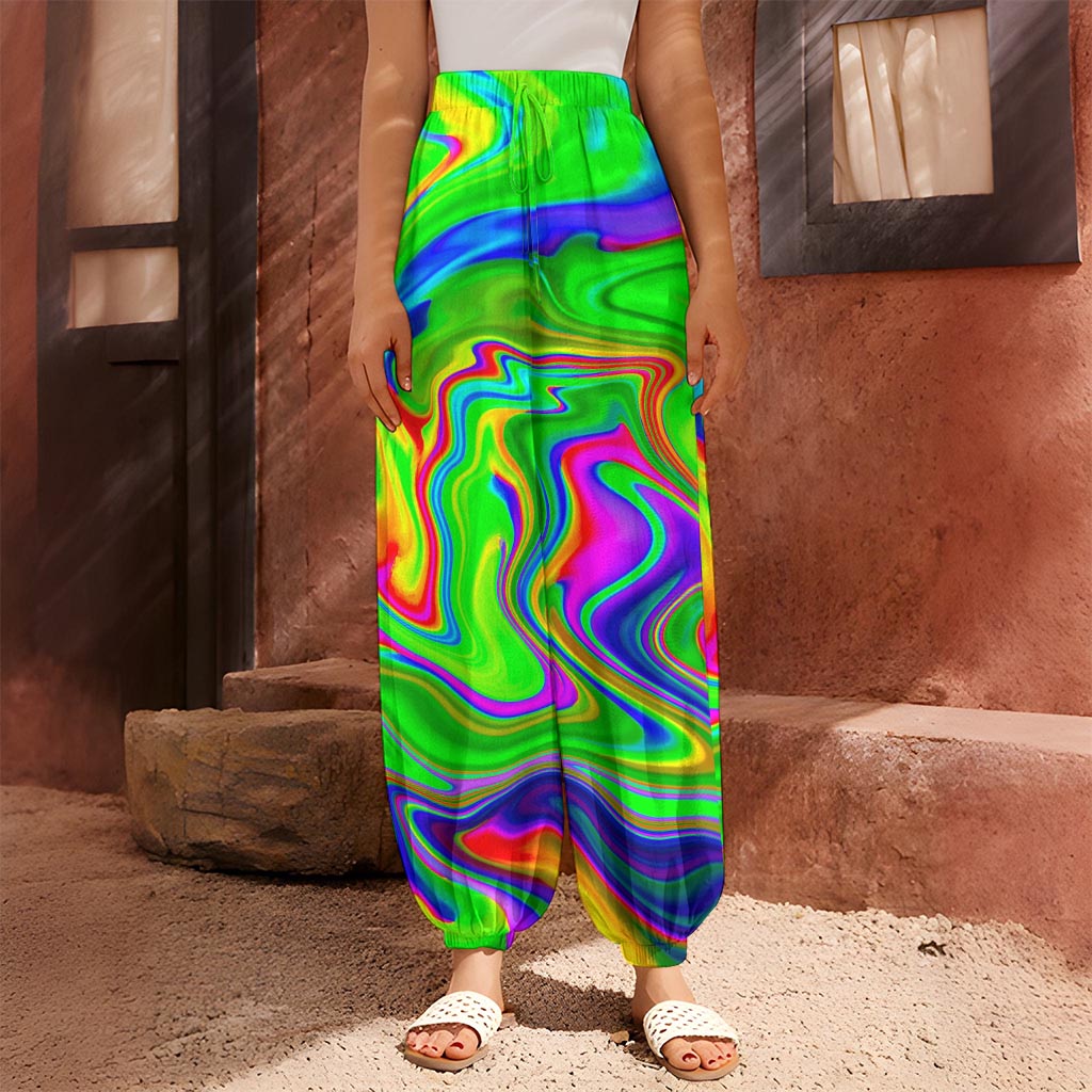 Green Abstract Liquid Trippy Print Harem Pants