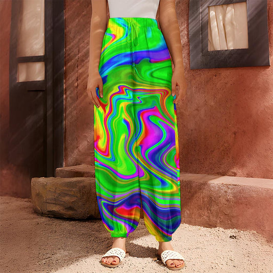 Green Abstract Liquid Trippy Print Harem Pants