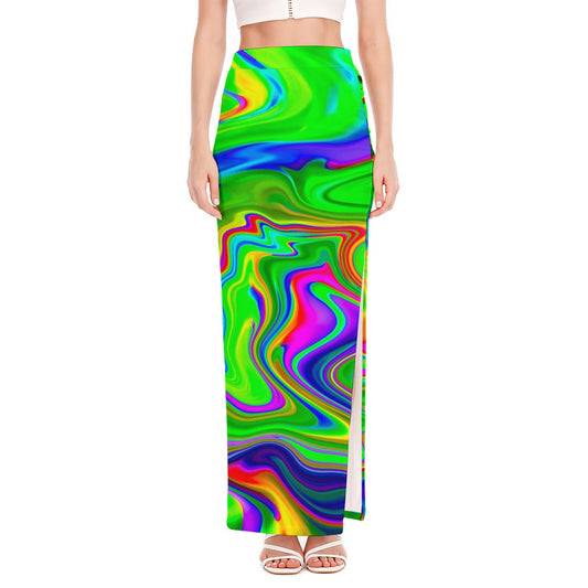 Green Abstract Liquid Trippy Print High Slit Maxi Skirt