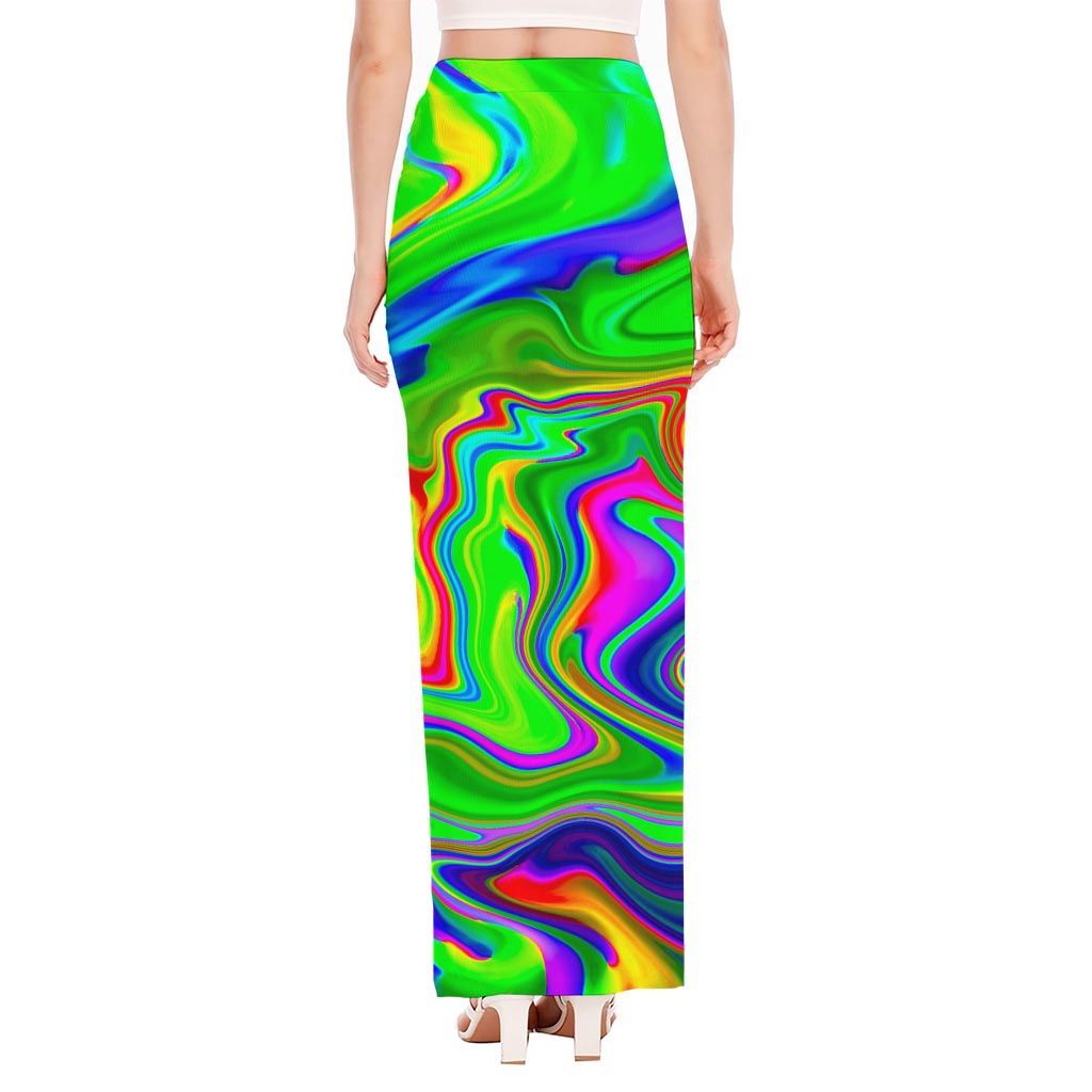 Green Abstract Liquid Trippy Print High Slit Maxi Skirt