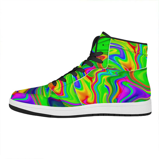 Green Abstract Liquid Trippy Print High Top Leather Sneakers