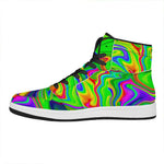 Green Abstract Liquid Trippy Print High Top Leather Sneakers