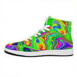Green Abstract Liquid Trippy Print High Top Leather Sneakers