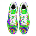 Green Abstract Liquid Trippy Print High Top Leather Sneakers