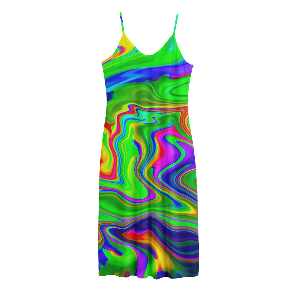 Green Abstract Liquid Trippy Print Jersey Midi Cami Dress