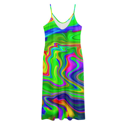 Green Abstract Liquid Trippy Print Jersey Midi Cami Dress