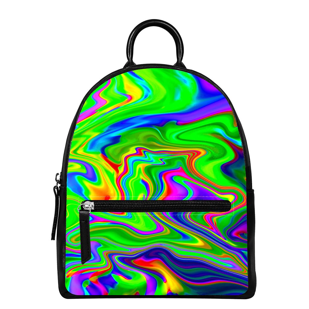 Green Abstract Liquid Trippy Print Leather Backpack