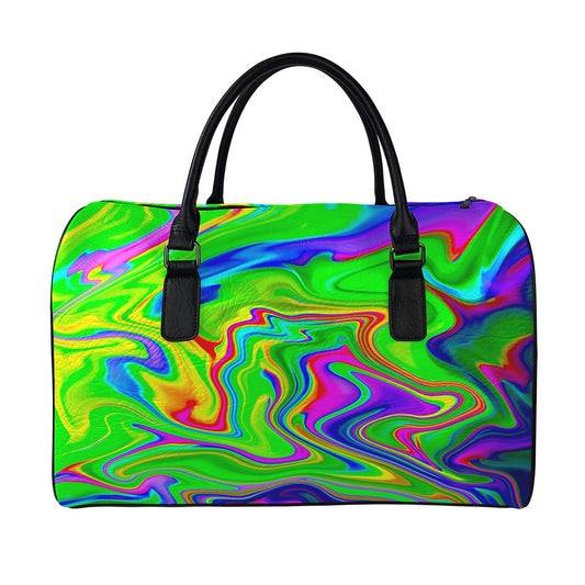 Green Abstract Liquid Trippy Print Leather Duffle Bag