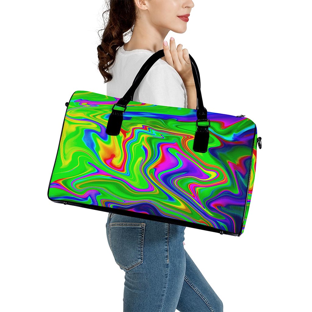 Green Abstract Liquid Trippy Print Leather Duffle Bag