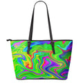 Green Abstract Liquid Trippy Print Leather Tote Bag With Zipper