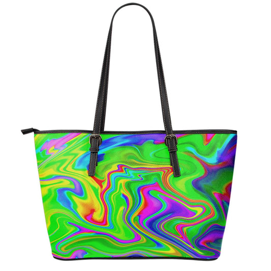 Green Abstract Liquid Trippy Print Leather Tote Bag