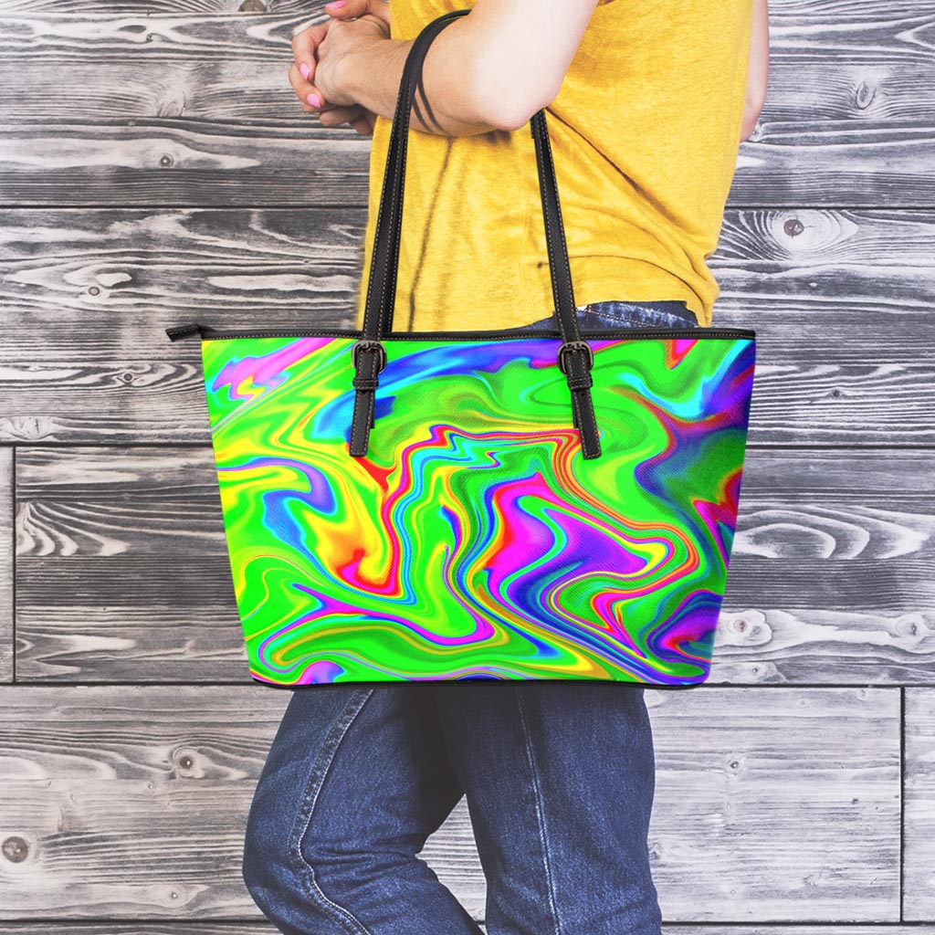 Green Abstract Liquid Trippy Print Leather Tote Bag
