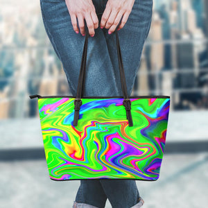 Green Abstract Liquid Trippy Print Leather Tote Bag