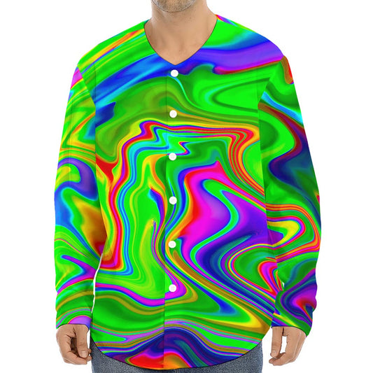 Green Abstract Liquid Trippy Print Long Sleeve Baseball Jersey
