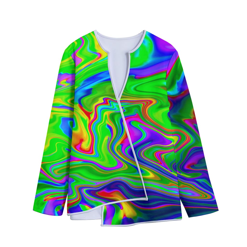Green Abstract Liquid Trippy Print Long Sleeve Short Coat
